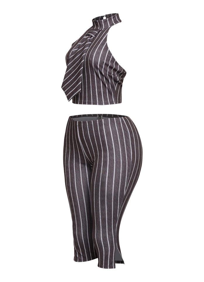 Striped neckltie halter top and capri pant set - Muvin 