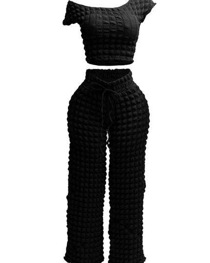 Popcorn fabric off shoulder short sleeve top & wide leg pants set - Muvin 
