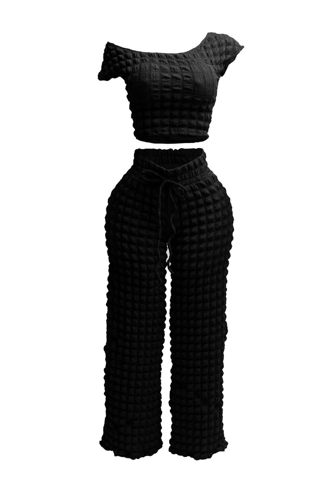 Popcorn fabric off shoulder short sleeve top & wide leg pants set - Muvin 