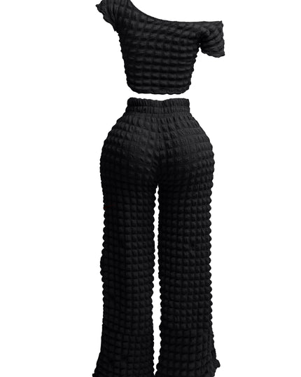 Popcorn fabric off shoulder short sleeve top & wide leg pants set - Muvin 