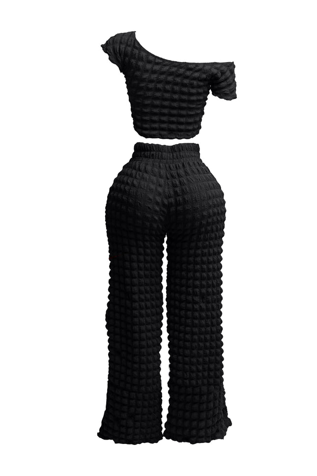 Popcorn fabric off shoulder short sleeve top & wide leg pants set - Muvin 