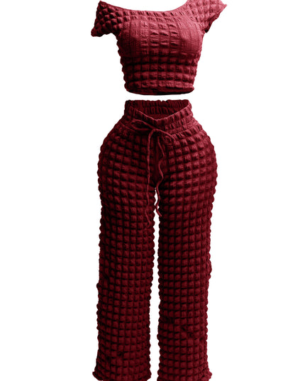 Popcorn fabric off shoulder short sleeve top & wide leg pants set - Muvin 