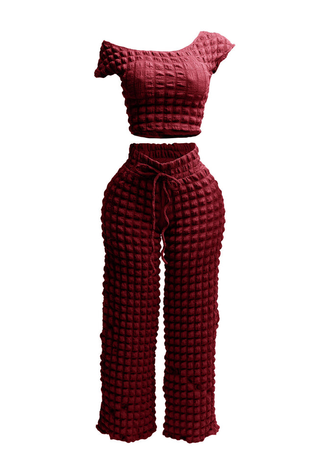 Popcorn fabric off shoulder short sleeve top & wide leg pants set - Muvin 