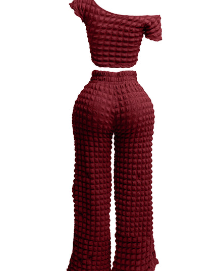 Popcorn fabric off shoulder short sleeve top & wide leg pants set - Muvin 