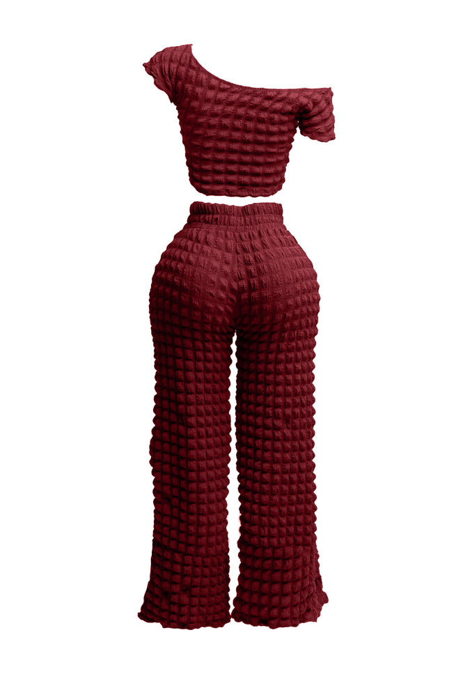 Popcorn fabric off shoulder short sleeve top & wide leg pants set - Muvin 