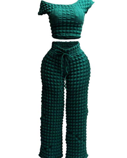 Popcorn fabric off shoulder short sleeve top & wide leg pants set - Muvin 