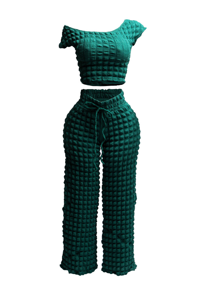 Popcorn fabric off shoulder short sleeve top & wide leg pants set - Muvin 