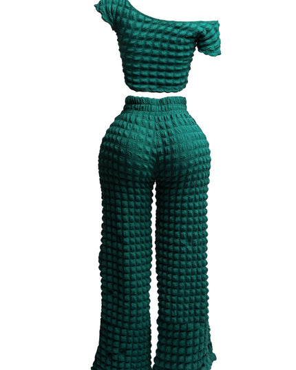 Popcorn fabric off shoulder short sleeve top & wide leg pants set - Muvin 