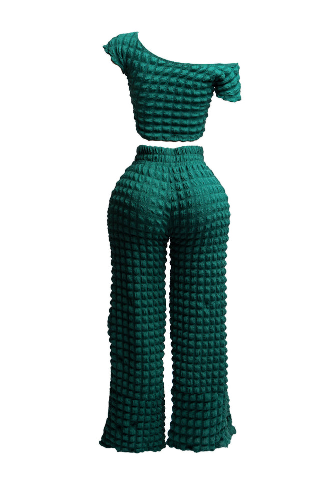 Popcorn fabric off shoulder short sleeve top & wide leg pants set - Muvin 