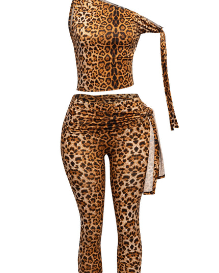 Leopard print two-piece set with asymmetrical tie-strap crop top and fitted capri pants

