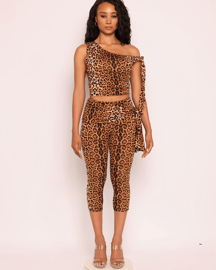 One shoulder tied detailed capri leggings set - Muvin 