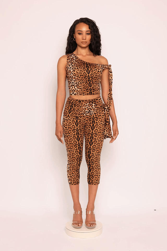 One shoulder tied detailed capri leggings set - Muvin 