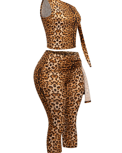 Animal print capri outfit featuring one-shoulder top with draped tie and body-hugging bottoms

