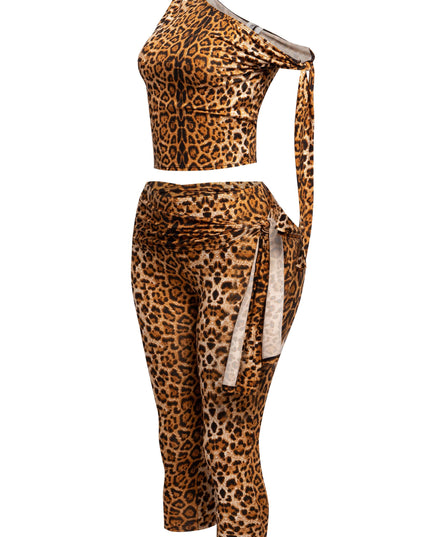 Brown leopard co-ord set with fitted crop top and high-rise capri pants with stretch


