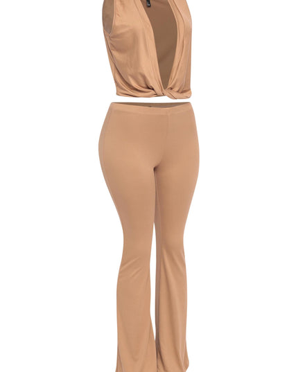 Tan sleeveless two-piece set with plunge front and fitted pull-on pants