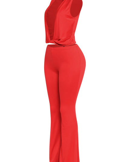 Curve-accentuating red V neck twist set with slim flare bottom and sleeveless cut