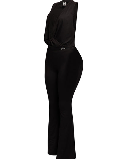 Black V neck two-piece outfit with elastic waistband pants and twisted crop hem