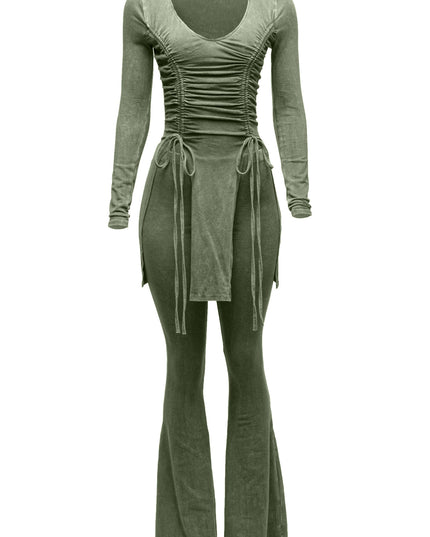 Mineral washed long sleeve top & bell bottom pants set - Muvin 