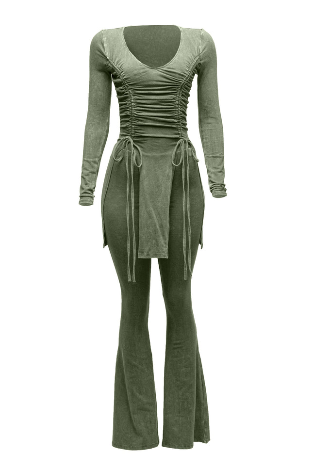 Mineral washed long sleeve top & bell bottom pants set - Muvin 