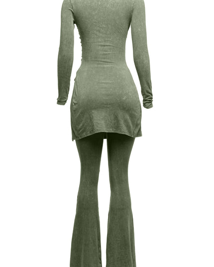 Mineral washed long sleeve top & bell bottom pants set - Muvin 