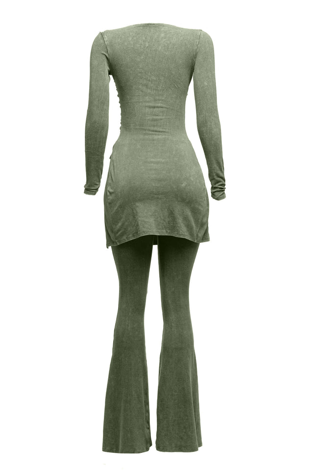 Mineral washed long sleeve top & bell bottom pants set - Muvin 