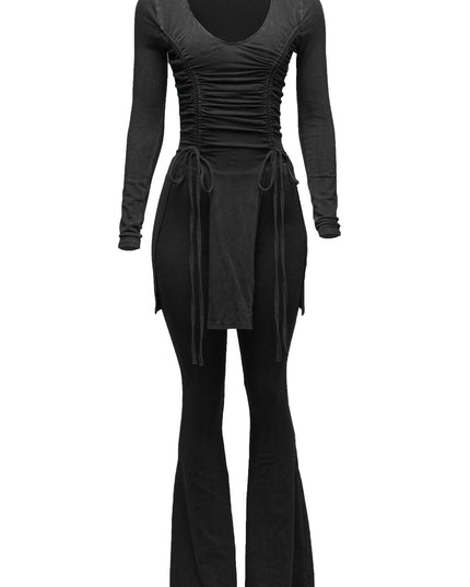Mineral washed long sleeve top & bell bottom pants set - Muvin 