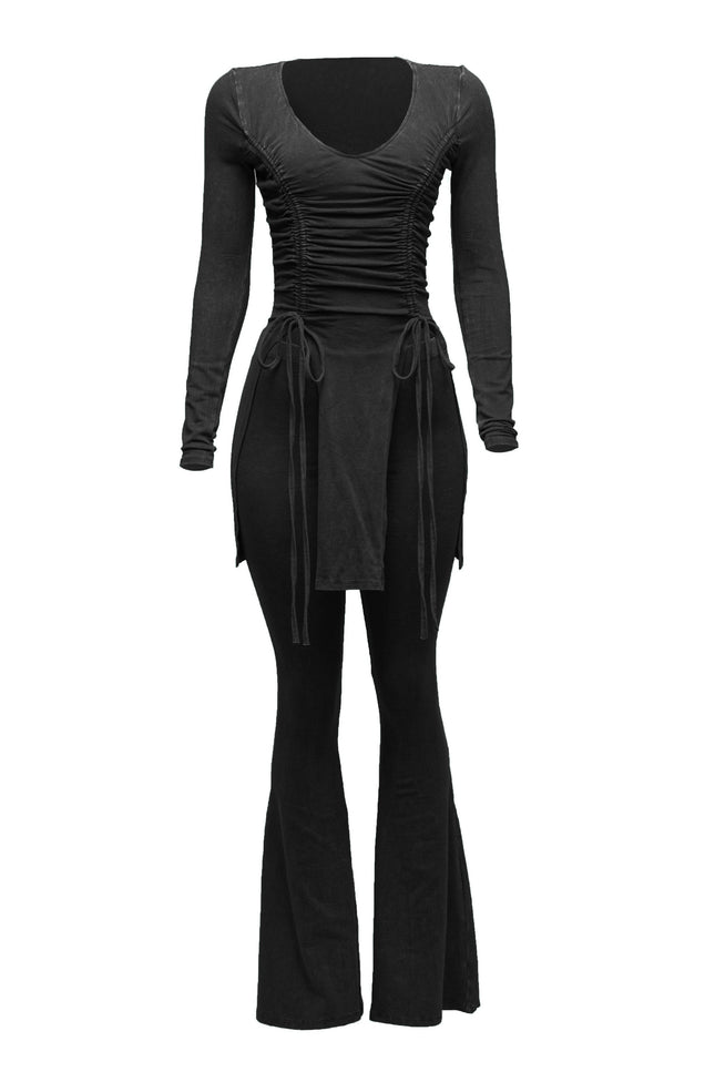Mineral washed long sleeve top & bell bottom pants set - Muvin 