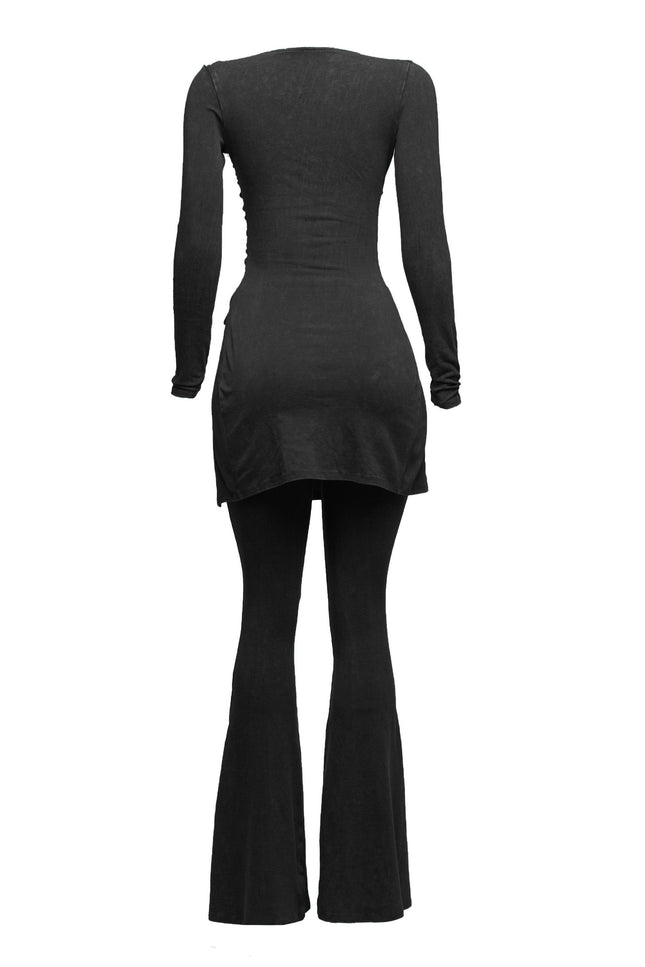 Mineral washed long sleeve top & bell bottom pants set - Muvin 