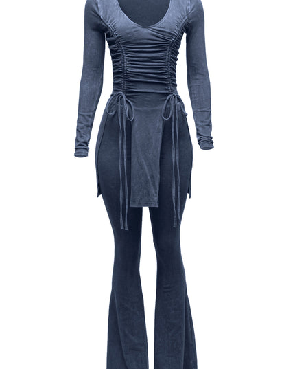 Mineral washed long sleeve top & bell bottom pants set - Muvin 