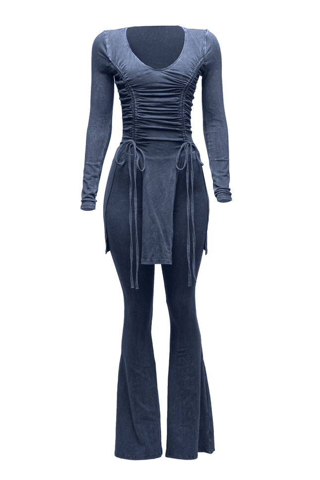 Mineral washed long sleeve top & bell bottom pants set - Muvin 