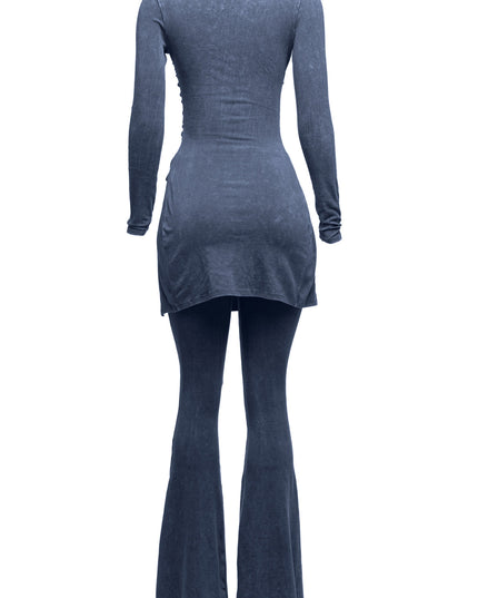 Mineral washed long sleeve top & bell bottom pants set - Muvin 
