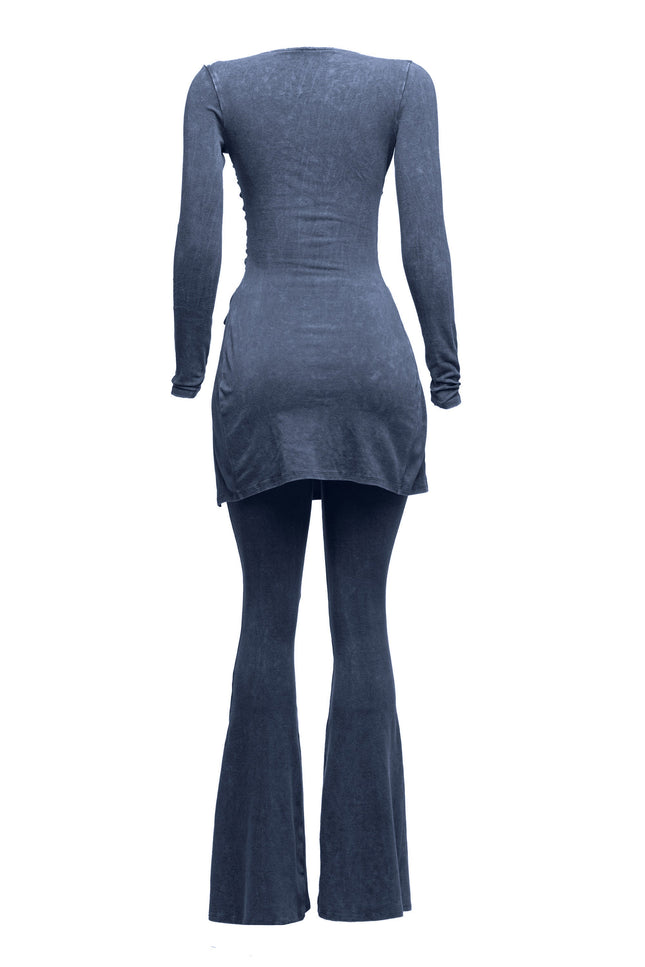 Mineral washed long sleeve top & bell bottom pants set - Muvin 