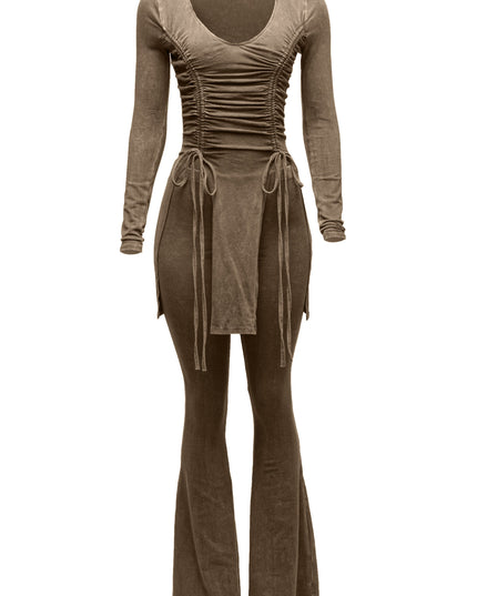 Mineral washed long sleeve top & bell bottom pants set - Muvin 