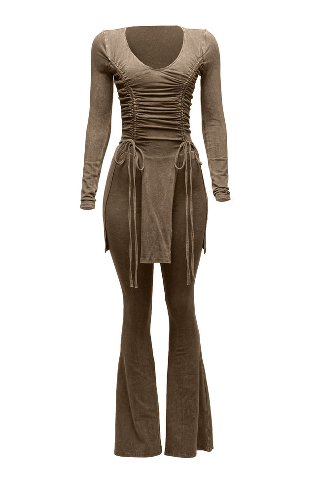 Mineral washed long sleeve top & bell bottom pants set - Muvin 