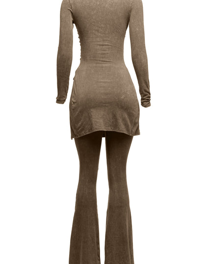 Mineral washed long sleeve top & bell bottom pants set - Muvin 