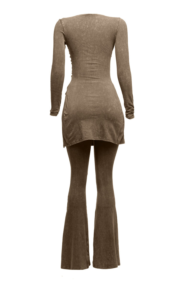 Mineral washed long sleeve top & bell bottom pants set - Muvin 