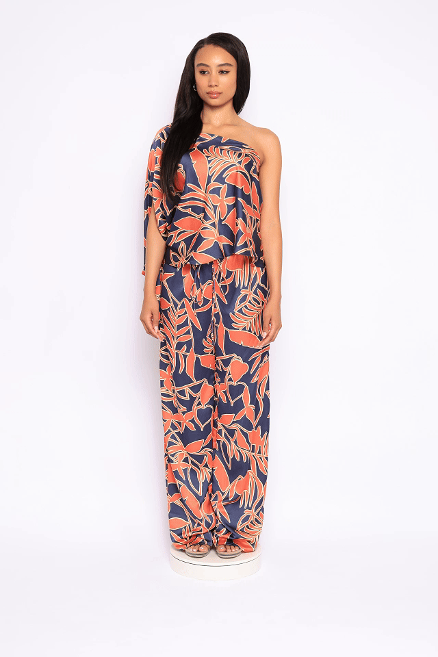 Satin one shoulder flowy set with wide leg pants - Muvin 