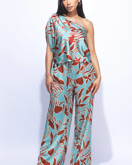 Satin one shoulder flowy set with wide leg pants - Muvin 