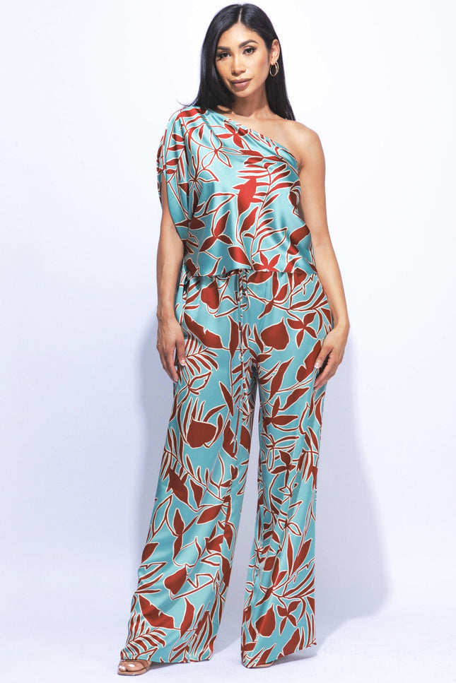 Satin one shoulder flowy set with wide leg pants - Muvin 