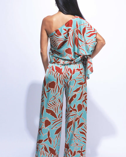 Satin one shoulder flowy set with wide leg pants - Muvin 