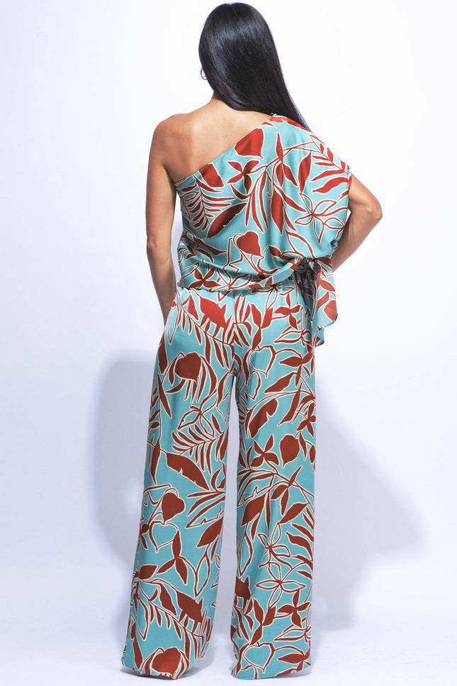 Satin one shoulder flowy set with wide leg pants - Muvin 