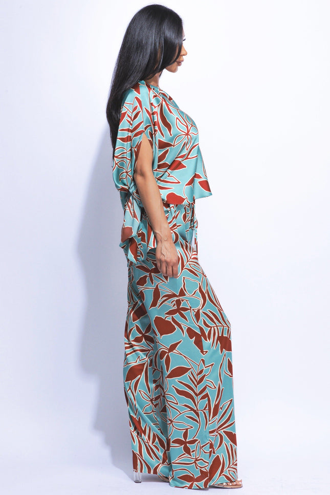 Satin one shoulder flowy set with wide leg pants - Muvin 