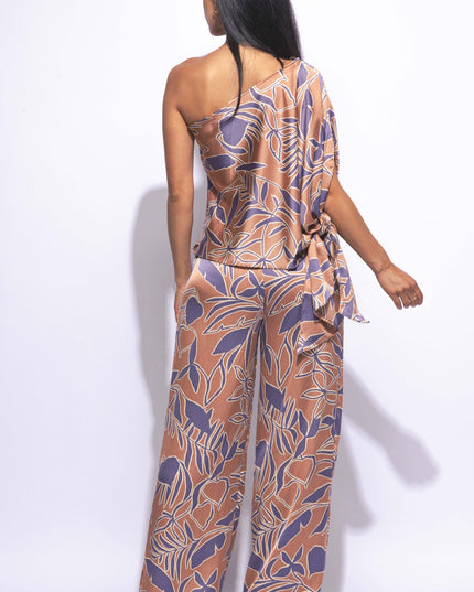 Satin one shoulder flowy set with wide leg pants - Muvin 