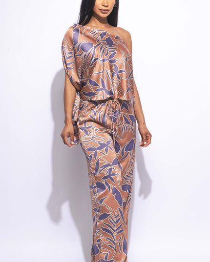 Satin one shoulder flowy set with wide leg pants - Muvin 