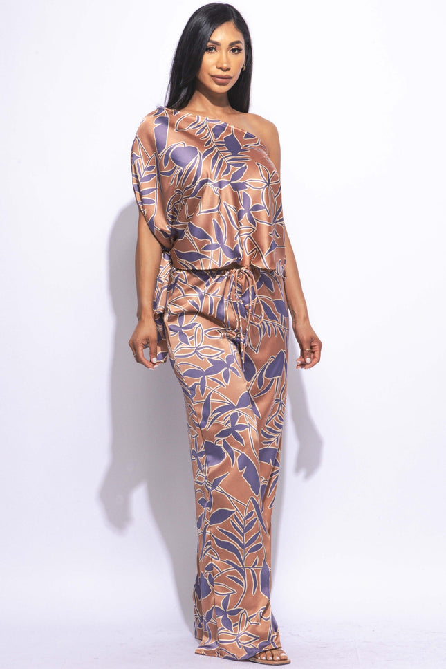 Satin one shoulder flowy set with wide leg pants - Muvin 