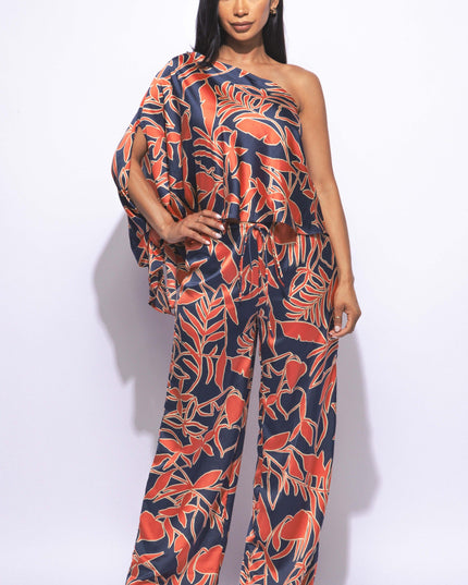 Satin one shoulder flowy set with wide leg pants - Muvin 