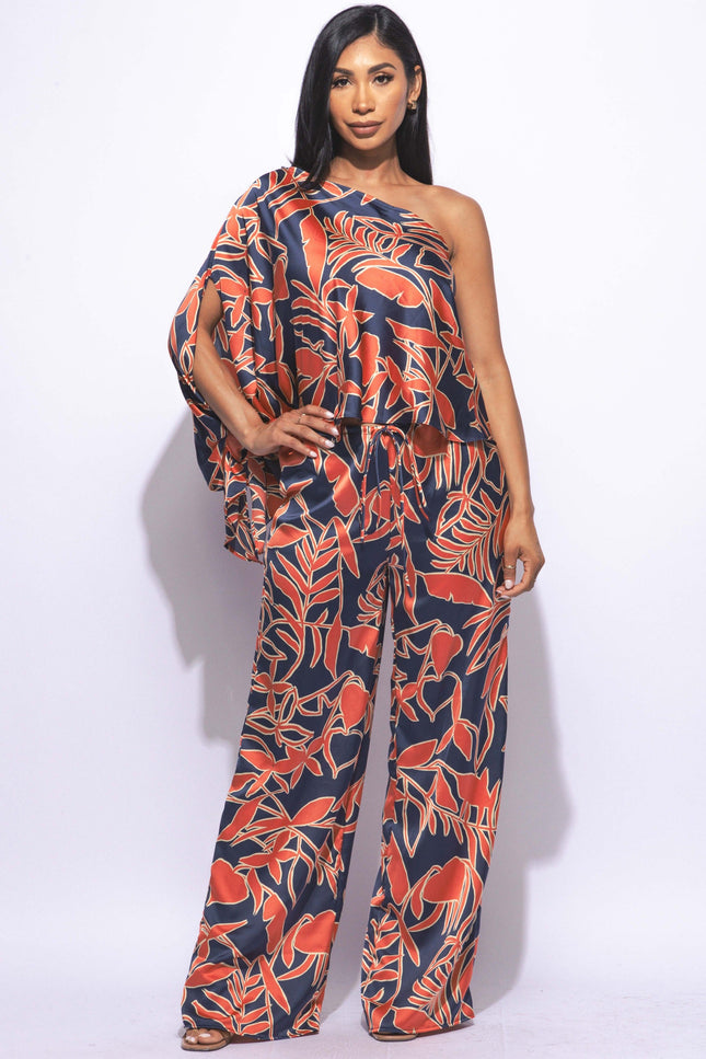 Satin one shoulder flowy set with wide leg pants - Muvin 