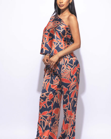 Satin one shoulder flowy set with wide leg pants - Muvin 