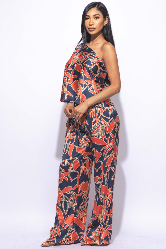 Satin one shoulder flowy set with wide leg pants - Muvin 