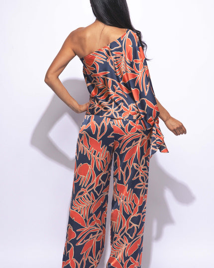 Satin one shoulder flowy set with wide leg pants - Muvin 